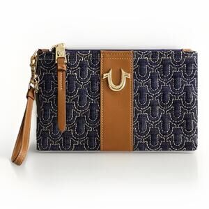 NEW TRUE RELIGION Denim Faux LTR Horseshoe Buddha Quilted Wristlet Wallet Clutch